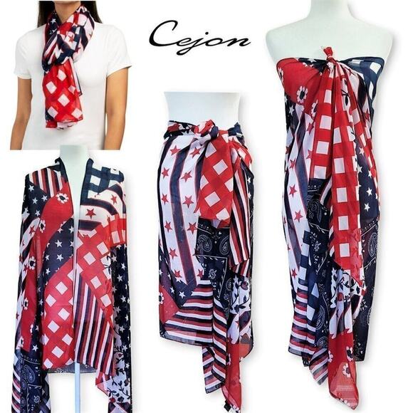 New! CEJON Oversize Convertible Stars and Stripe Cover-Up Wrap Shawl Scarf - Picture 8 of 11